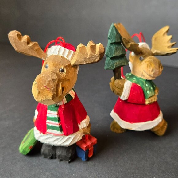 Hand Carved Wooden Moose Ornaments Christmas Santa Red Coat Scandinavian 4" Pair - Picture 3 of 8